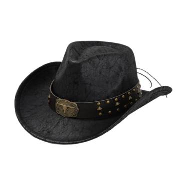 Imagem de Vaveren Chapéu de cowboy ocidental, chapéu de couro pu, aba larga para caminhadas, compras, adereços de fantasia, Preto