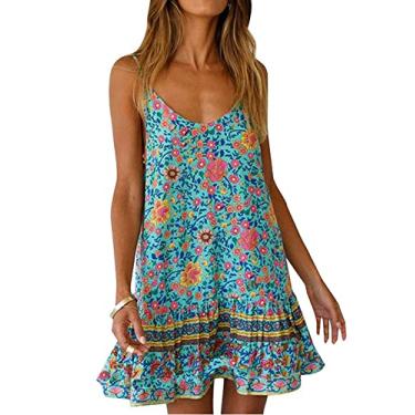 Imagem de Qearal Vestido feminino boho estampado floral verão sem mangas alça ajustável mini vestido de praia com bolsos, 004 verde, M