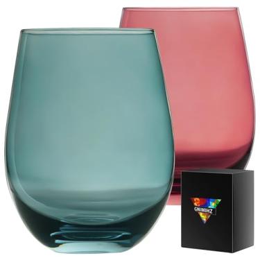 Imagem de Gnimihz Taças de vinho coloridas sem haste para vinho tinto ou branco (conjunto de 2), 510 g, taças de vinho grandes para Cabernet, Pinot Noir, Bordeaux (conjunto de 2 taças de vinho vermelho e verde)