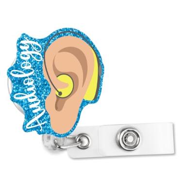 Imagem de Sixrip Carretel de crachá de orelha irregular com glitter retrátil Audiology com clipe jacaré, suporte de crachá de aparelho auditivo engraçado presente para audiologista audiologia LPN