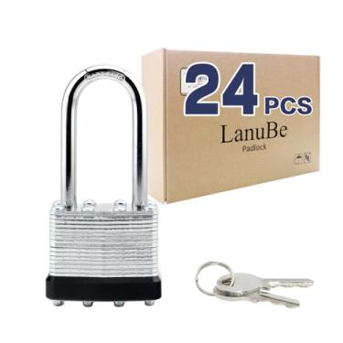 Imagem de LanuBe Cadeado com chave laminado (1-9/40.6 cm, 40 mm), fechaduras semelhantes com chave, manilha longa, aro de plástico preto marcado, pacote com 24