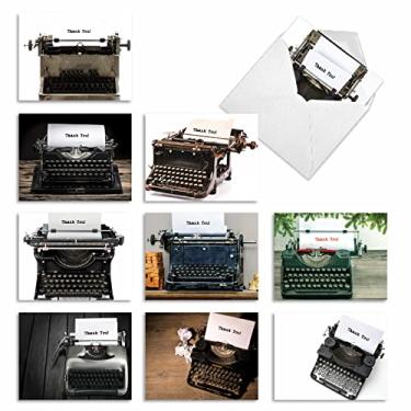 Imagem de Manual M2968 Obrigado: 10 cartões sortidos de agradecimento apresentam imagens de máquinas de escrever manuais antiquadas, com envelopes brancos.
