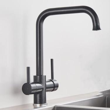 Imagem de Torneira de cozinha de água purificada de níquel escovado com duas alças e torneira misturadora quente e fria, torneira de filtro de água pura de latão cromado, preta com ponto