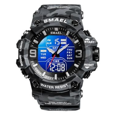 Imagem de FANMIS Relógio masculino analógico digital para esportes ao ar livre, militar, multifunções, LED, eletrônico, grande, com visor duplo, luminoso, à prova d'água, Camuflagem cinza
