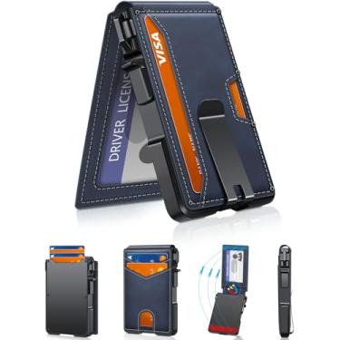 Imagem de Carteira masculina minimalista de 9 a 13 cartões, fina e compacta com clipe para dinheiro e janela para identidade, carteira de cartão pop-up inteligente com bloqueio de RFID, porta-cartão de crédito