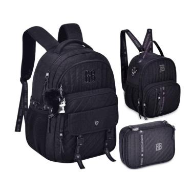 Imagem de Kit Mochila de Costas Rebecca Bonbon Matelassê Lancheira e Estojo Preto