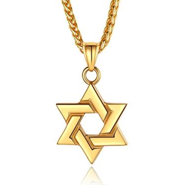 Imagem de ChainsPro Colar masculino com estrela de Davi, colar judaico de aço inoxidável, clássico, dourado, prata/preto, hexágono, pingentes israelenses, presentes para homens, 60 cm, Aço inoxidável, Sem Pedra