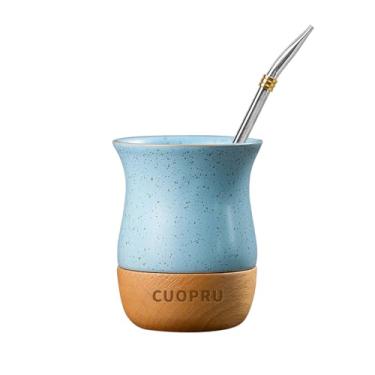 Imagem de Copo de Erva Mate de Cerâmica e Madeira CUOPRU com Base Antiderrapante, Inclui Cabaça Mate, Canudo Bombilla e Escova de Limpeza - 260 ml