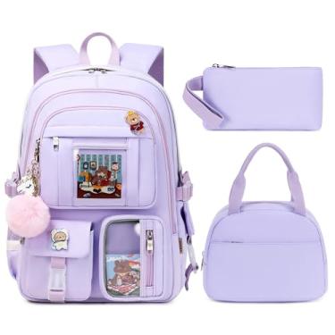Imagem de Mochilas para laptop, mochila escolar de 40,6 cm, mochila universitária, 3 peças com lancheira, conjunto de lápis, mochila grande de viagem, mochilas kawaii, para adolescentes, meninas, mulheres