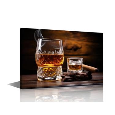 Imagem de TUMOVO Charuto e conhaque Um copo de conhaque com charutos cubanos Havana em um fundo de madeira Uísque com um sm arte em tela arte de parede para sala de estar cozinha sala de jantar decoração de