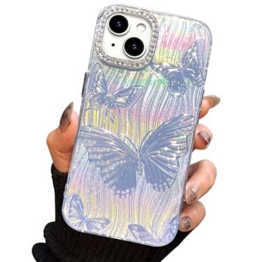 Imagem de I-MGAE-IN-AR Capa compacta para iPhone 15 Plus com design de borboleta, moldura de proteção de lente de câmera de diamante 3D, capa protetora de TPU macia e macia à prova de choque para mulheres