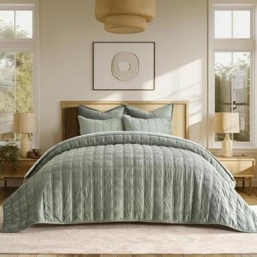 Imagem de Conjunto de edredões EVERGRACE Velvet Queen Size com 2 capas verde sál
