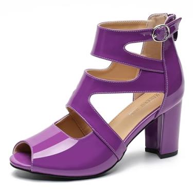 Imagem de MAIERNISI JESSI Sandália feminina gladiadora peep toe salto grosso vazado com zíper, Patente roxo, 36