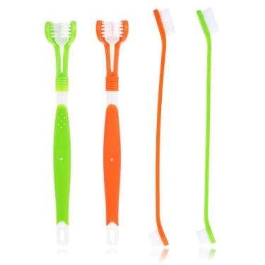 Imagem de 4 peças de escova de dentes para cães, kit de escovação de dentes de cachorro com cabeça tripla, escova de dentes de cabeça dupla, escovas de dentes de dedo multiangulares, escovas de limpeza dentária