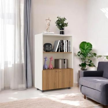 Imagem de Organizador Estante Livreiro com Divisórias e portas para Escritorio Sapateira Prateleira para Decoração de ambientes e Cantinho do Café com Rodas Rodizio - Cores