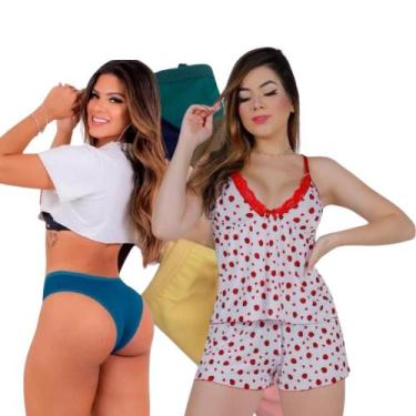 Imagem de Kit Feminino 3 Calcinha + 2 Baby Doll Tecido 100% Algodão - KMC, Multi