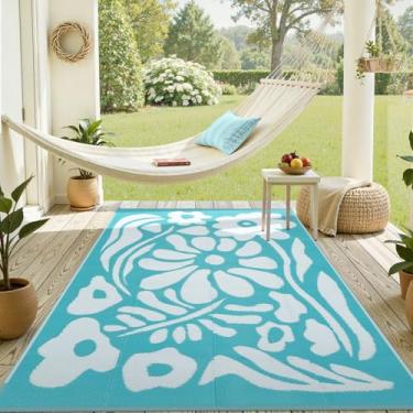 Imagem de Uphome Tapete de palha de plástico para uso externo, 15 x 23 cm, reversível à prova d'água, tapete de pátio floral turquesa, tapete de acampamento para área externa, interior e externo para piquenique