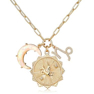 Imagem de MISS RIGHT Colar de moedas de signo do zodíaco de ouro com pingente de lua crescente de opala para mulheres meninas da moda, corrente delicada de clipe de papel de ouro 12 colares de horóscopo de constelação colares de astrologia joias presentes, 18.11 inches, Gema, Zircônia cúbica