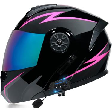 Imagem de Capacete Bluetooth modular para motocicleta, Bluetooth + FM aprovado pelo DOT Capacete frontal virado para cima para adultos Homens Mulheres Ciclomotor de corrida de rua com microfone para c