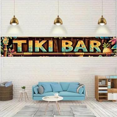 Imagem de Starlit Patio Tiki Bar Banner Havaiano Luau Decorações de Festa Tropical Praia Bar Sinal de Piscina Aloha Tiki Hibiscus Decorações de Verão Cocktail Noite Suprimentos para Festa no Quintal 50 x 395 cm