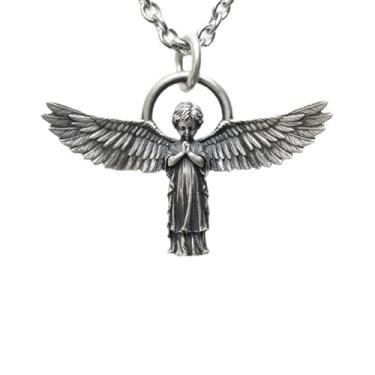 Imagem de Colar com asas de anjo, vintage, banhado a prata, longo, asas de anjos da guarda, pingente humanóide, gravado, You are My Angel, suéter, corrente de aniversário para homens e mulheres