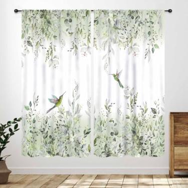 Imagem de Cortinas de folha verde sálvia, flor rústica, primavera, floral, pássaro, fazenda, aquarela, planta, botânica, campo, natureza, quarto, sala de estar, tratamento drapeado, 2 painéis, 106 x 150 cm