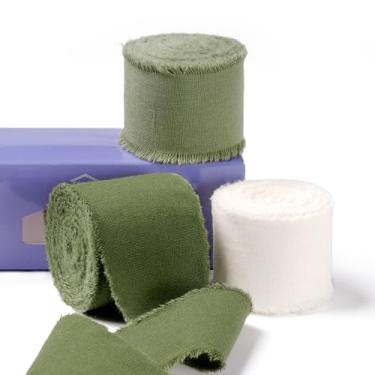 Imagem de FAKILO Fita de algodão rústica com borda desgastada, fita 100% algodão 3,8 cm x 18 m para buquês de casamento vintage, convites, chá de bebê, embrulho de presente, artesanato DIY (marfim/verde-oliva