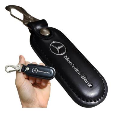 Imagem de Chaveiro Mercedes Benz Couro Preto Chave Carro Mosquetão Argola - RS
