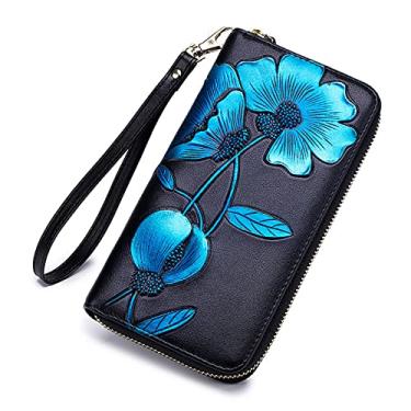 Imagem de WYUYIWH Carteira feminina de couro genuíno com bloqueio de RFID, porta-cartão de crédito, bolsa com zíper, bolsa de viagem feminina clutch (Z-verde), Z-azul, Z - azul