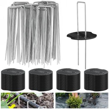 Imagem de 100 pacotes de estacas de jardim grampos de tecido de paisagem de 15 cm grampos galvanizados em forma de U pinos de paisagismo com 100 peças de vedação para decoração de cobertura de plantas de