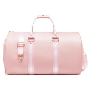 Imagem de Bolsas de couro para viagem, bolsa esportiva conversível para homens, bolsa de viagem dobrável 2 em 1, impermeável, com alça de ombro, bolsa de fim de semana com bolsa de sapato, Couro rosa,
