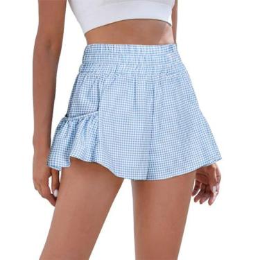 Imagem de Shorts de corrida esportivos BMJL femininos xadrez com bolsos azuis
