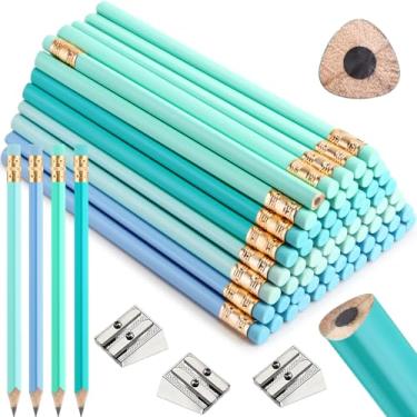 Imagem de Fainne Conjunto de 102 lápis e apontadores jumbo a granel, lápis grandes e gordos, grandes, grandes, com borrachas para crianças, iniciantes, pré-escolares, jardim de infância, escritório escolar (azul-petróleo, azul, triângulo)