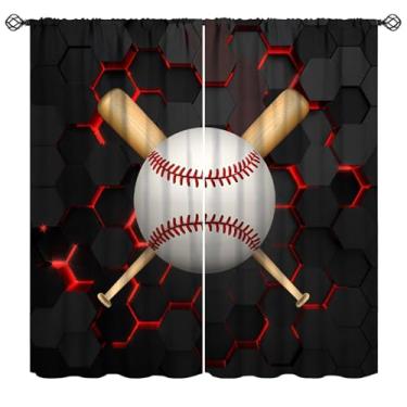 Imagem de Mchenxin Cortinas esportivas de beisebol para quarto de meninos, bolas de beisebol hexagonais vermelhas abstratas, morcegos de madeira, cortinas de janela esportivas legais para quarto de crianças e