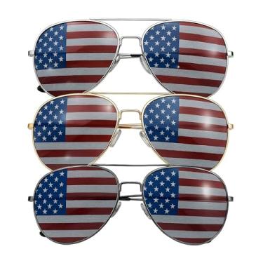 Imagem de grinderPUNCH Pacote com 3 óculos de sol a granel dos EUA - Óculos de sol aviador com bandeira americana - cores sortidas, Vermelho, branco, azul, Standard