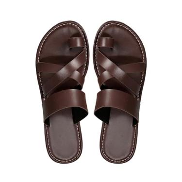 Imagem de GORGLITTER Sandália feminina rasteira de couro com tiras cruzadas fofas e elegantes anéis, bico aberto, sandálias deslizantes, Marrom chocolate, 40