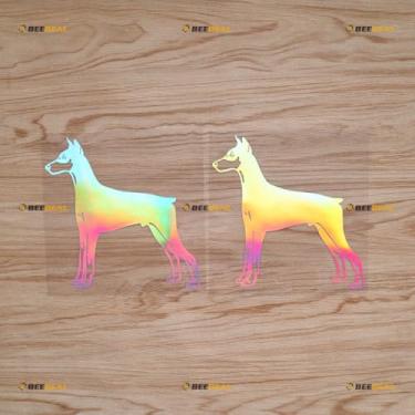 Imagem de Adesivo de cachorro Doberman Pinscher em vinil alemão - pacote com 2 holográficos iridescentes 12,7 cm - para carro barco laptop copo sem fundo cortado