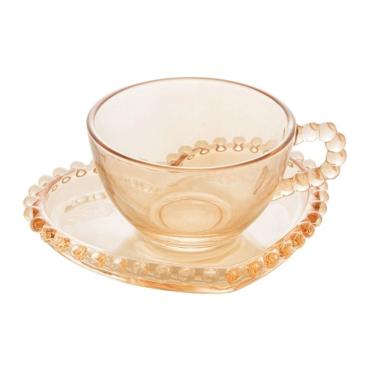 Imagem de Conjunto Com 4 Xícaras Chá Cristal Com Pires Coração 180Ml Pearl Âmbar