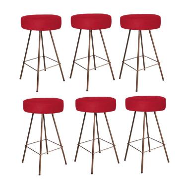 Imagem de Kit 06 Banqueta Alta Laisa Industrial Redonda Ferro Bronze Tecido Sintético Vermelho - Amey Decor