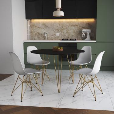 Imagem de Mesa De Jantar Redonda 90Cm Preta Clips 3 Pés Com 4 Cadeiras Eames Eiffel Brancas Base Dourada