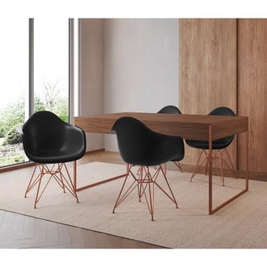 Imagem de Mesa Jantar Industrial Filadélfia Amêndoa 137X90Cm Com 4 Poltronas Pretas Base Cobre Marrom