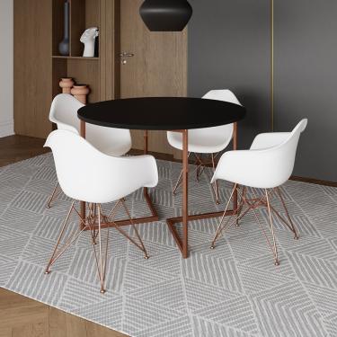 Imagem de Mesa Industrial Jantar Preta 110Cm Redonda Base V Com 4 Poltronas Brancas Base Cobre Preto