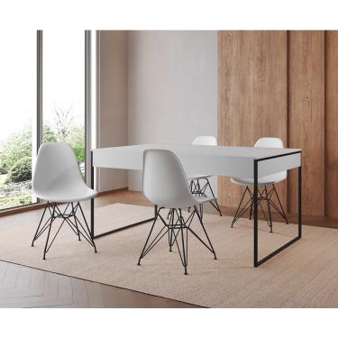 Imagem de Mesa Jantar Industrial Retangular 137X90Cm Branca Com 4 Cadeiras Brancas Base Ferro Cor: Branco