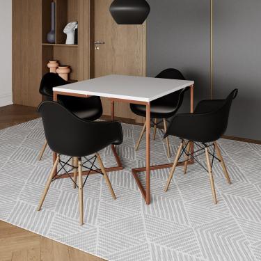 Imagem de Mesa Industrial Jantar Branca Quadrada 90Cm Base Cobre V Com 4 Poltronas Pretas Madeira Marrom