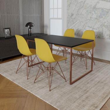Imagem de Mesa Industrial Base Ferro Cobre Tampo 137X90 Preto 4 Cadeiras Ferro Cobre Assento Amarelo Preto