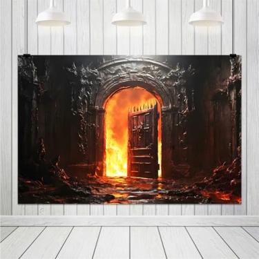 Imagem de ZJRBJB Pano de fundo de portão do inferno de 3 x 2,4 m de fundo Hellfire Stairway to Hell Backdrops Halloween Hell Props for Children Halloween Party Birthday Decor Supplies Photoshoot Props