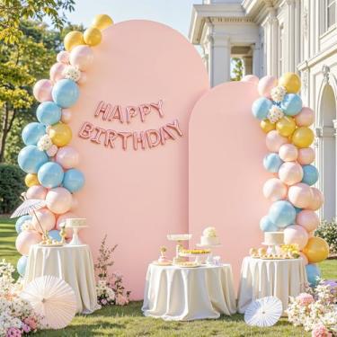 Imagem de Conjunto de 2 capas de arco rosa empoeirado de 7,2 e 1,8 m, capa de fundo de arco rosa empoeirado de elastano para chá de bebê, meninas, festa de aniversário, chá de panela, banquete de casamento