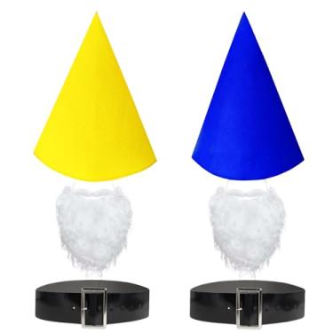 Imagem de COJOUCCI Conjunto de fantasia de gnomo, chapéu pontiagudo de anão, barba e cinto, chapéus de giz de cera, chapéu de elfo, bruxa, gnomo, acessórios para fantasia de Halloween (amarelo/azul royal)