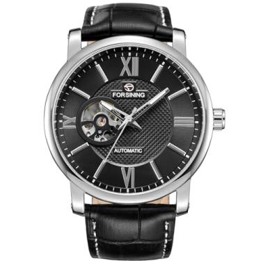 Imagem de FORSINING Relógio de pulso masculino mecânico mecânico com pulseira de couro grande, 3, preto, Clássico