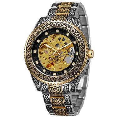 Imagem de FORSINING Relógio de pulso masculino com gravação de esqueleto, automático, impermeável, automático, 02 - Pulseira de prata dourada, face preta, Relógio mecânico e automático